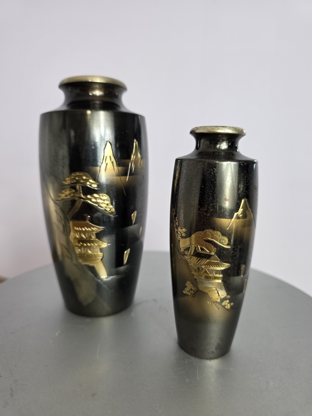 Vintage Japanese Choken Style Metal Vase Set Of 2 Beautiful Landscape Design